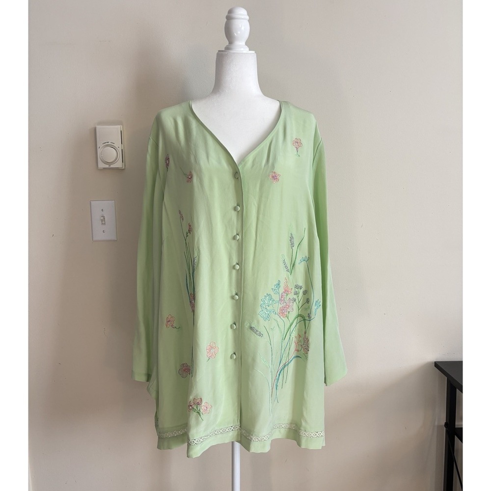 Diane Von Furstenberg Silk Assets Plus Size 2X Beaded Floral Embroidered Green